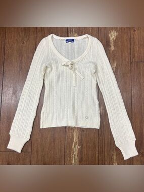Burberry Cream Cable Knit Scoop Neck Ribbon Sweater